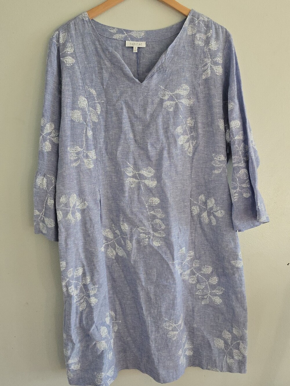 Habitat Light Blue Linen Tunic Dress with White Floral Embroidery